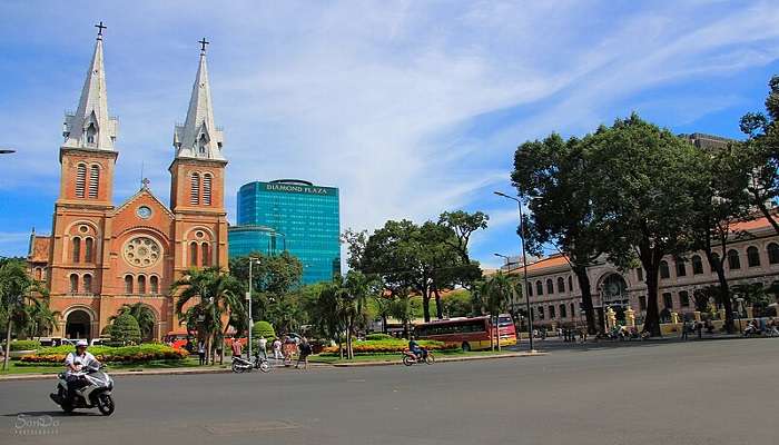 The Notre Dame Cathedral of Saigon is located very close to the Diamond Plaza of the city. 