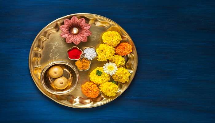  The view of a pooja thaali in Mundeshwari Temple.