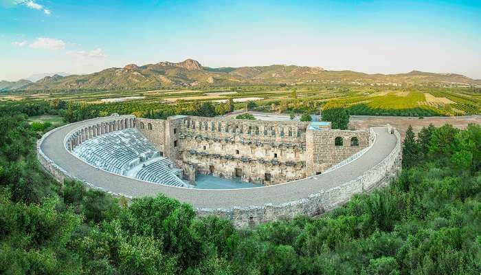 The picturesque view of the Aspendos Theater in Turkey.