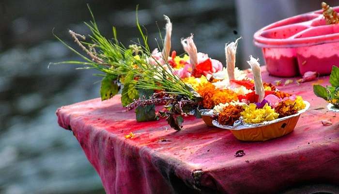 Flower offerings at the Vellayani Temple