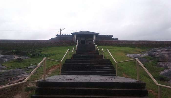 You need to climb steps to reach the Chaturmukha Basadi Udupi Jain Temple