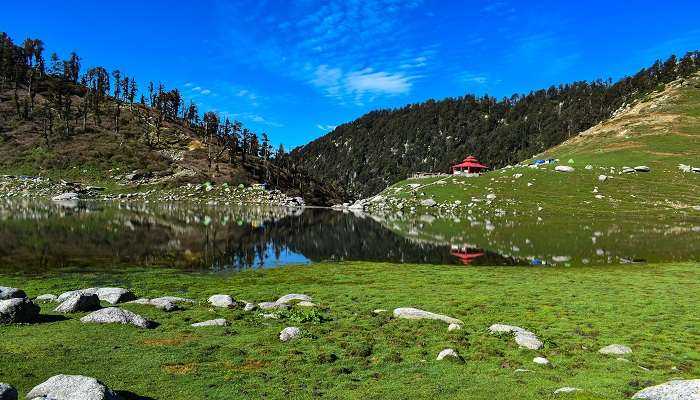 Surrounded by vibrant green mountains, Kareri Lake beckons as a must-explore destination near Dharamshala.