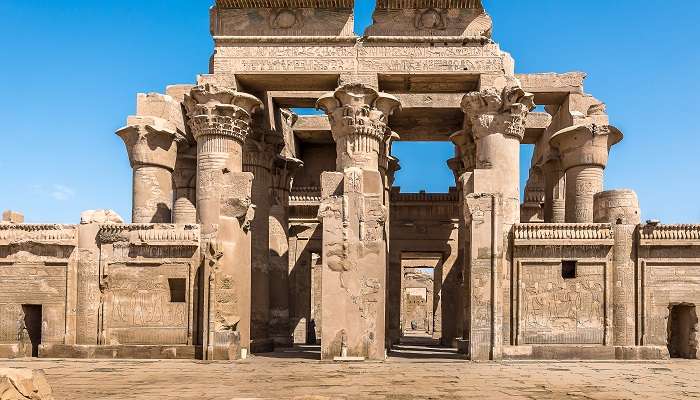 Gaze at the carving at the Kom Ombo Temple.