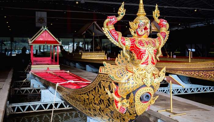 Majestically adorned prow depicting Hindu deity Hanuman at the Royal Barges National Museum Bangkok