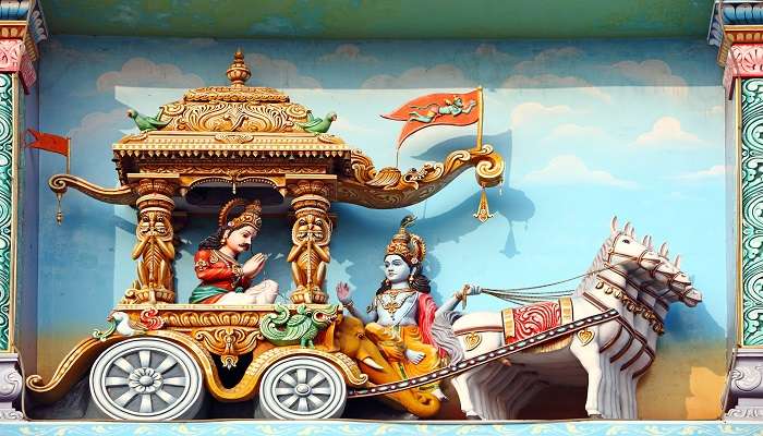 Sri Krishna depicted as the charioteer of Arjuna, in the Kurukshetra war, called Parthasarathy