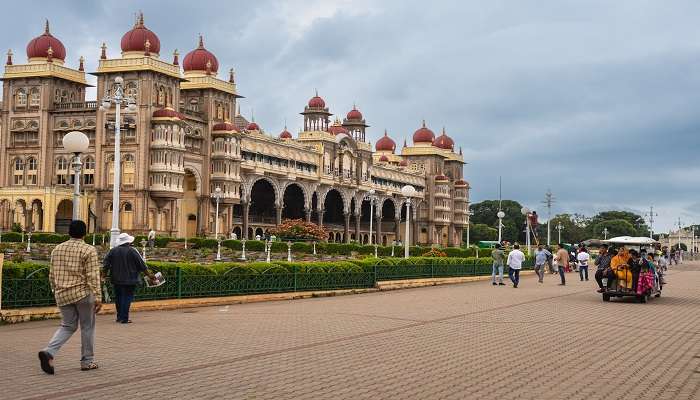 The landscape of Mysore Palace also known as Amba Vilas Palace.