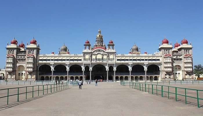 A picturesque view of the majestic Mysore Palace in Mysore, Karnataka