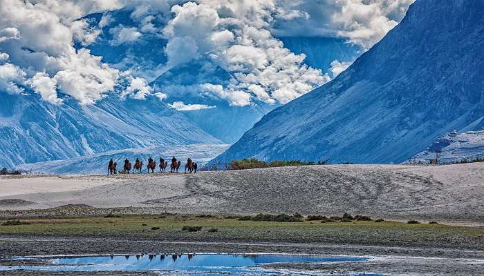 Nubra Valley is located in the union territory of Ladakh and offers picturesque and serene views of gigantic mountains