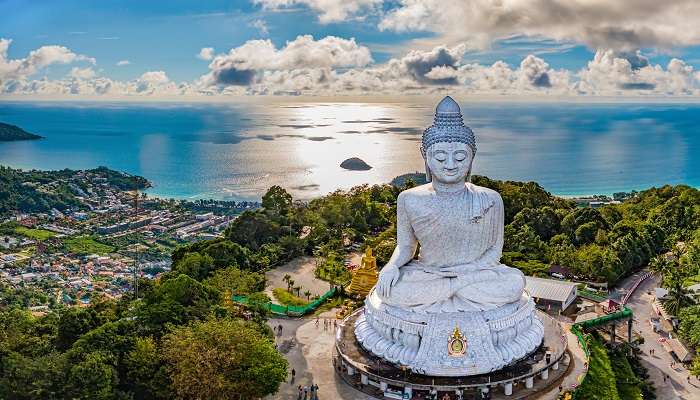 Majestic Big Buddha statue in Phuket overlooking panoramic views.