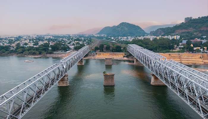 The historic and picturesque Prakasam Barrage, among the best places to visit near Vijayawada within 50 kms.
