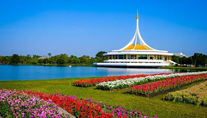 Colourful seasonal rail of flowers in Rama IX Park, an attractive location around Wat Paknam