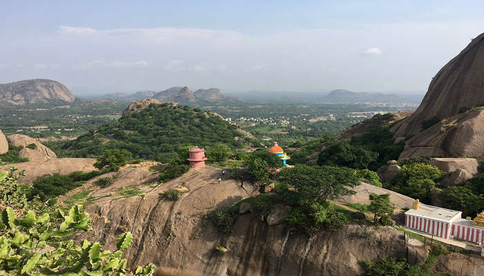 Experience panoramic lush green views of Ramadevara Betta, while trekking near Tumkur