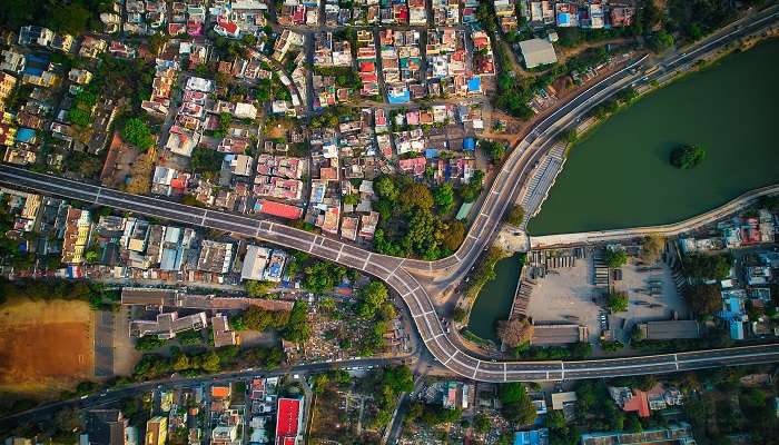 The aerial view of Trichy Road bridge at Coimbatore during Ooty to Munnar road trip