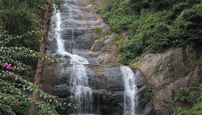 The vista of Silver Cascade Waterfalls near Kodaikanal.
