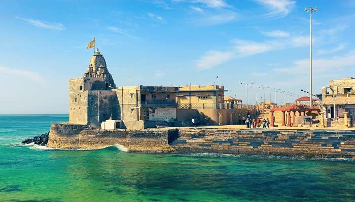 A beautiful view of a temple situated at the banks of river Gomti near Shree Dwarkadhish Temple