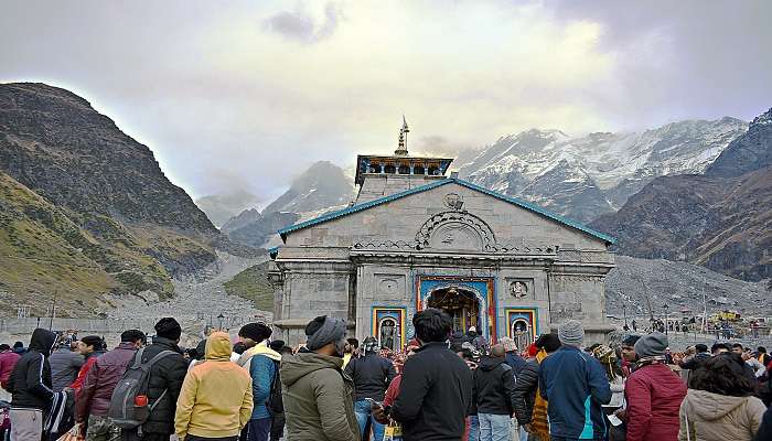 Mountains with snow-capped peaks are seen from the temple of Kedarnath in November.