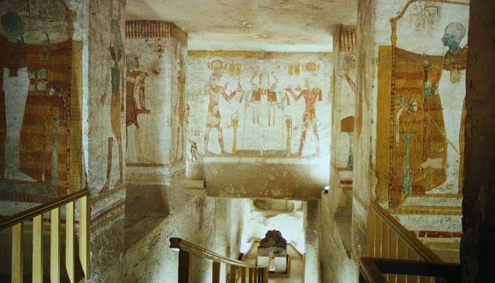 Intricate wall paintings in Seti I's burial chamber.