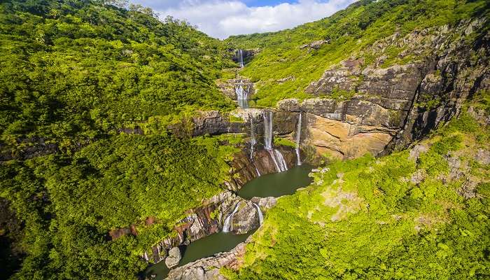  Seven cascades of another beautiful waterfall in the jungle, near Chamarel Waterfall in Mauritius.