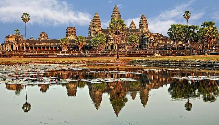 Magnificent view of Angkor Wat, a famous temple near Chong Kneas Floating Village.