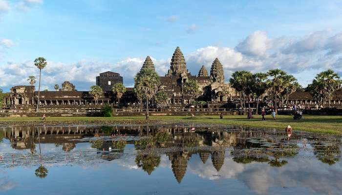 Angkor Wat temple complex at sunrise.