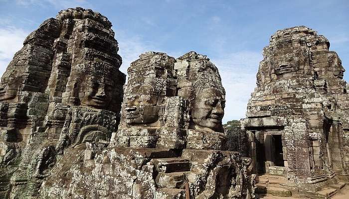 Majestic view of Bayon temple, located near Chong Kneas Floating Village