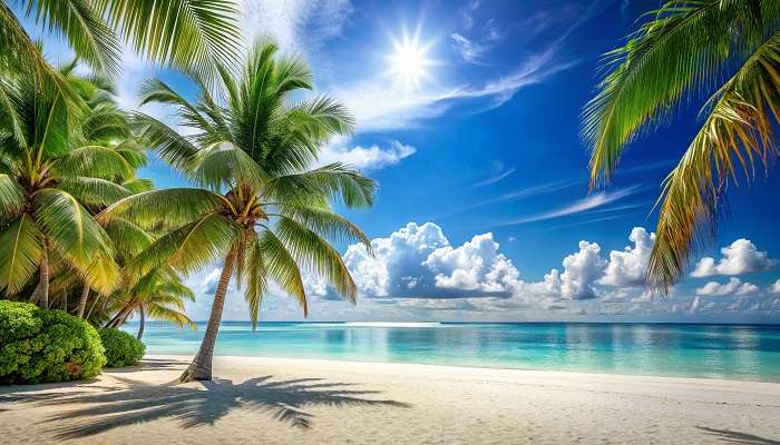 Tropical beach with palm trees at Beau Vallon Seychelles