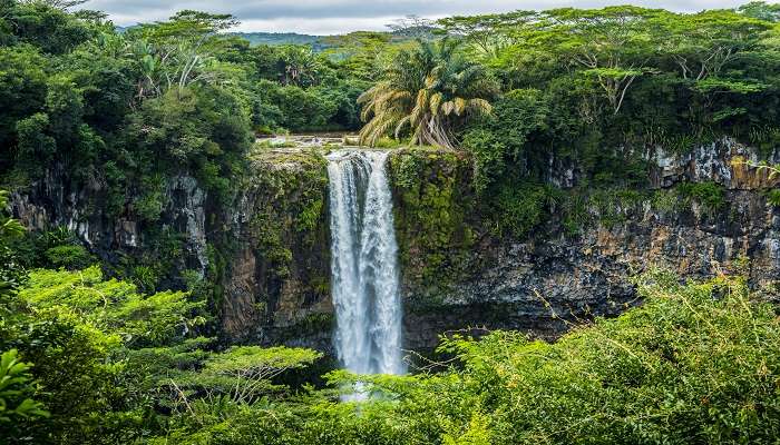 Chamarel Waterfall viewpoint is surrounded by the tropical jungle in Mauritius.