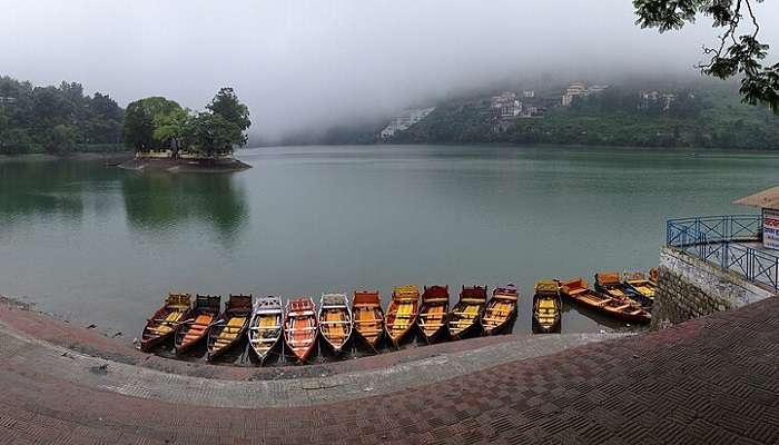 Some colorful boats at the Bhimtal Lake amidst the Bhimtal Snowfall in winters