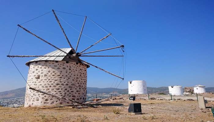 Traditionally restored windmills at Bodrum, one of the best places to visit in Bodrum