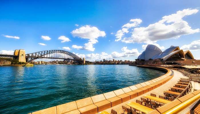 Sydney Harbour at Circular Quay with the city skyline near Port Jackson Bay Australia
