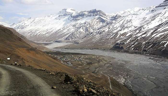 The flowing Spiti River and its valley near Langza