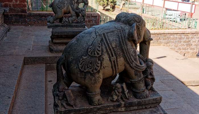 The elephant statue of the ancient Shikhara-style temple in Jagatsukh, Manali