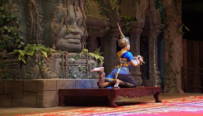  A picture of artist performing traditional,dance at Bayon Temple Cambodia