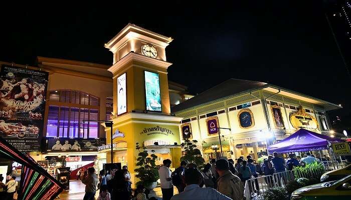 Asiatique The Riverfront in Bangkok, Thailand faces the Chao Phraya River and Charoen Krung Road