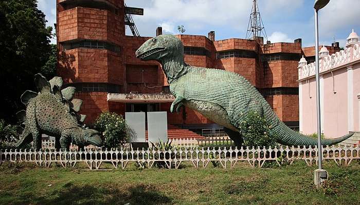 a dinosaur at the Government Museum in Chennai to reach while staying at the hotels in Mogappair.