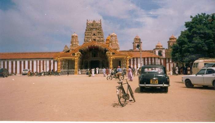 The intricately carved northern Gopuram of the Nallur Kandaswamy Temple