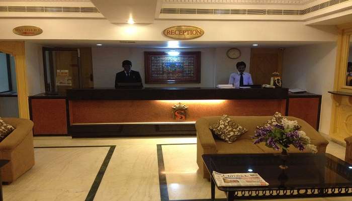 The reception area of the Sindoori, one of the top hotels in guntur city.