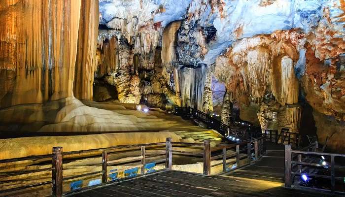 The bridge inside the cave to explore the majestic formation at Thien Canh Son Cave 