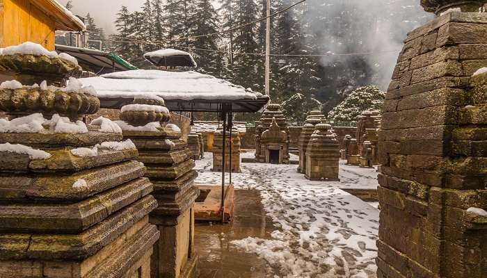 snow covered the Jageshwar temple in Almora In Winter