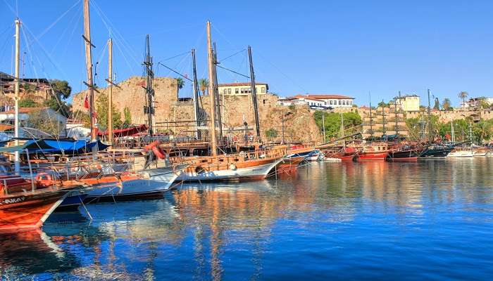 A picturesque view of Kaleici's historic harbor. It is close to the Antalya Aquarium