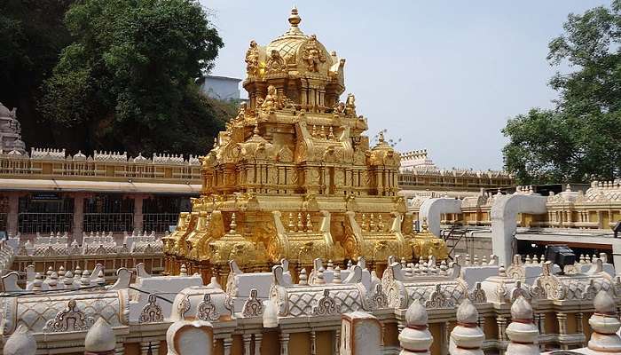 Gopuram of the Kanakadurga Temple, a key landmark near VMC Disney Land Vijayawada.
