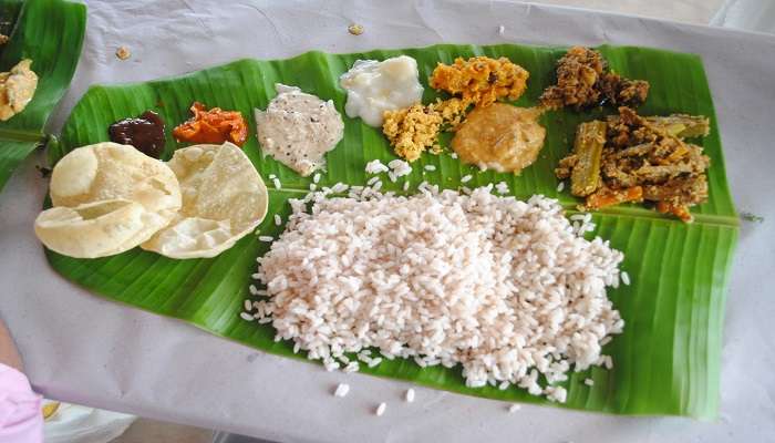 The traditional food of Kerala on banana leaf