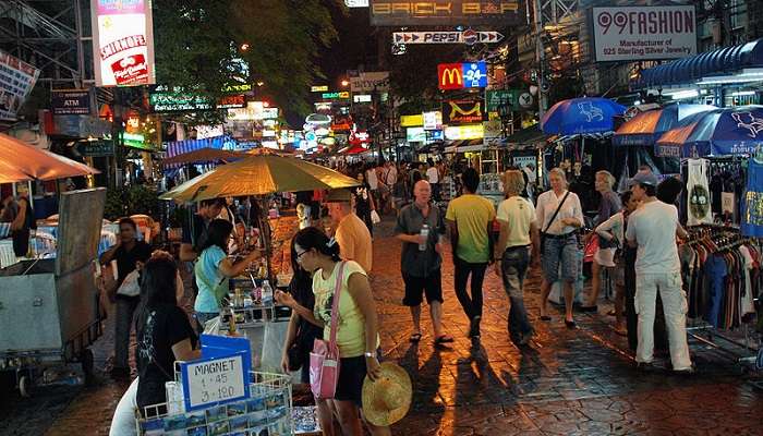Bustling Khao San Road, near Wat Rakhang, is known for its active nightlife.