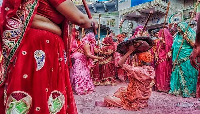 Holi celebration near Shri Nand Baba Temple in Nandgaon.