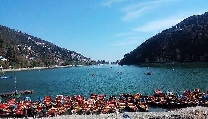 Colourful boats with tourists on Naini Lake, Nainital, amidst picturesque surroundings