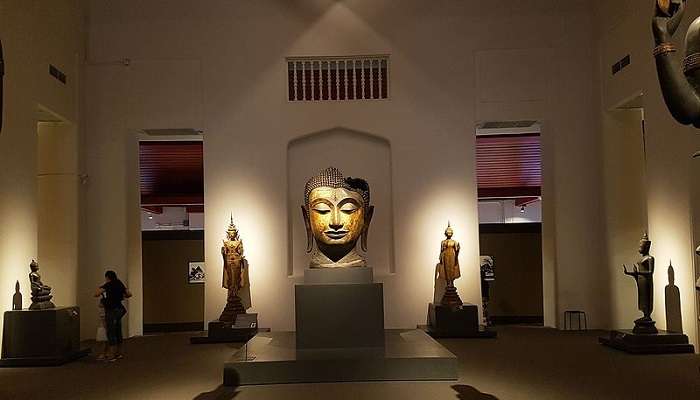 Antique Buddhist art exhibit at the National Museum in Bangkok showcases rich cultural heritage.