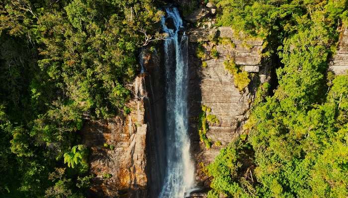 A birds-eye view of Lover's Leap Waterfall, near Kothmale Hanging Bridge, Sri Lanka near Kothmale Hanging Bridge