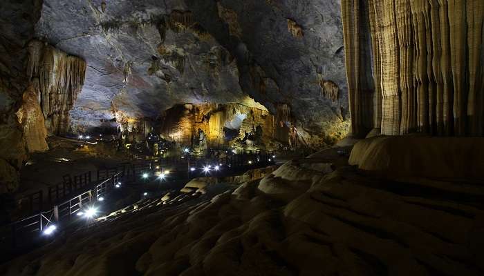 Illuminated interiors of Thien Canh Son Cave. 