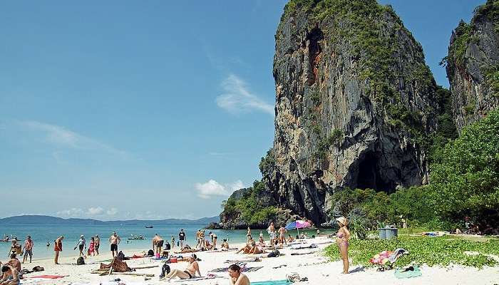Phra Nang Beach with its striking cliffs, blue waters, and white sandy shore near Koh Poda