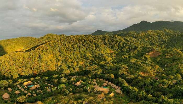 An aerial view of the surrounding natural beauty of Pieter Both Mountain